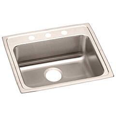25" x 21-1/4" x 6", 3-1/2" Rear Center Drain, 8" Hole Center, Lustrous Satin, 18 Gauge 304 Stainless Steel, 3-Hole, Drop-In Mount, 1-Bowl, Kitchen Sink
